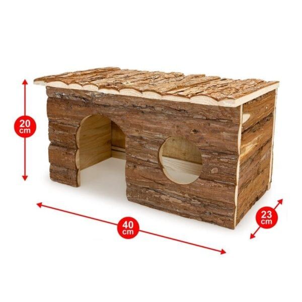 Arbusto decorativo en forma de casita de madera natural para mascotas.
