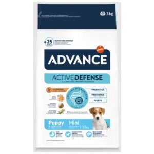 Alimento para perros pequeños, mini, de la marca Advance, con ingredientes prebióticos y probióticos.