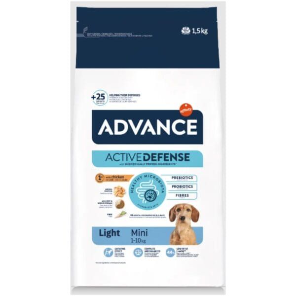 Alimento para perros Advance Light Mini 1-10 kg, con ingredientes de alta calidad para salud digestiva.