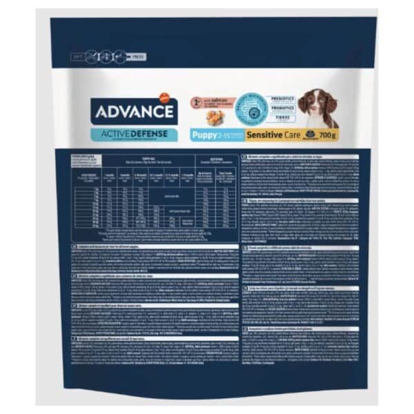 Alimento para perros Advance Puppy Sensitive Care 700g con ingredientes para digestión saludable y sistema inmunológico.