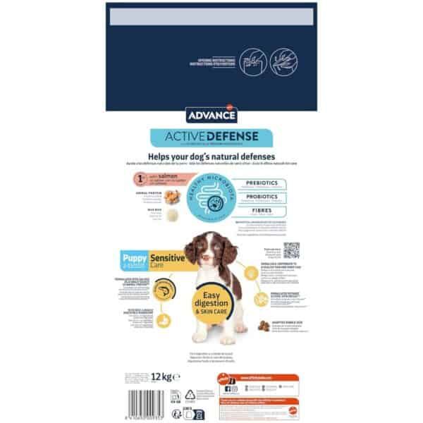 Al tener texto en la imagen, la descripción podría ser: Paquete de comida para perros Advance Active Defense, con ingredientes para fortalecer sus defensas naturales.