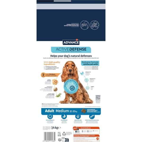 Alimento para perros con ingredientes naturales y protección microbiana, peso 10-30 kg, fórmula avanzada.