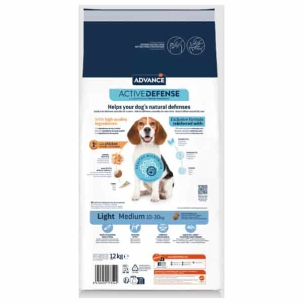 Alimento para perros Advance Active Defense, ingredientes naturales, peso 12kg, ideal para perros con protección inmunológica.