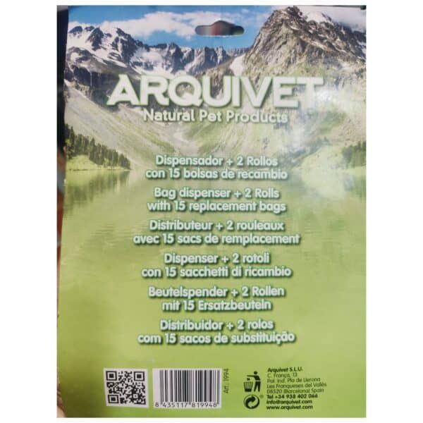 Dispensador pet con 2 rolls y 15 bolsas de recambio en caja con paisaje montañoso.