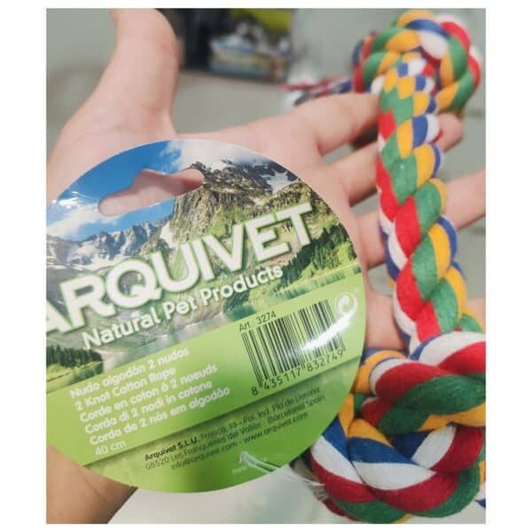 Cuerda de algodón trenzada multicolor para mascotas, resistente y suave, ideal para jugar y dormir.