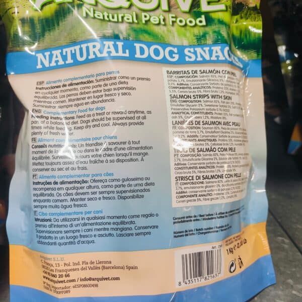 Alimento natural para perros con salmón, snack saludable, comida complementaria para mascotas.