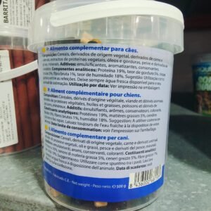 Alimento complementario para perros en envase de 500 g con ingredientes naturales y proteínas de alta calidad.