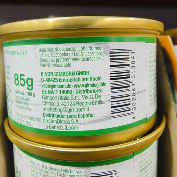 Etiqueta de lata de alimento para mascotas con información y marca Gimborn en alemán y español.