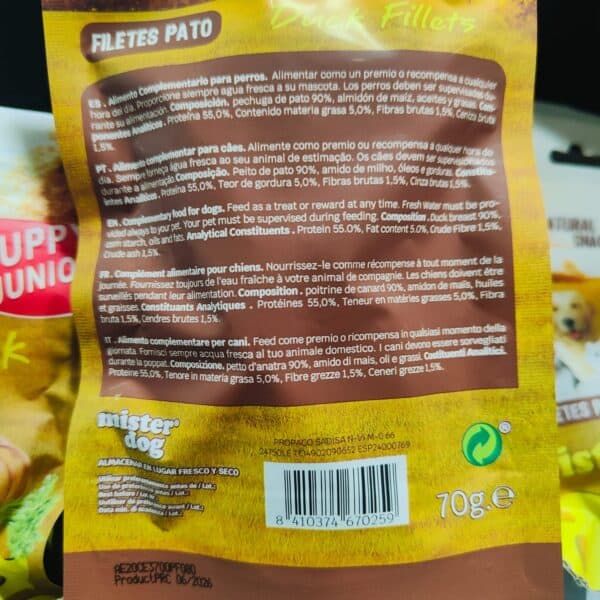 Filetes Pato para perros, alimentación complementaria saludable, proteínas y fibras, 70g.