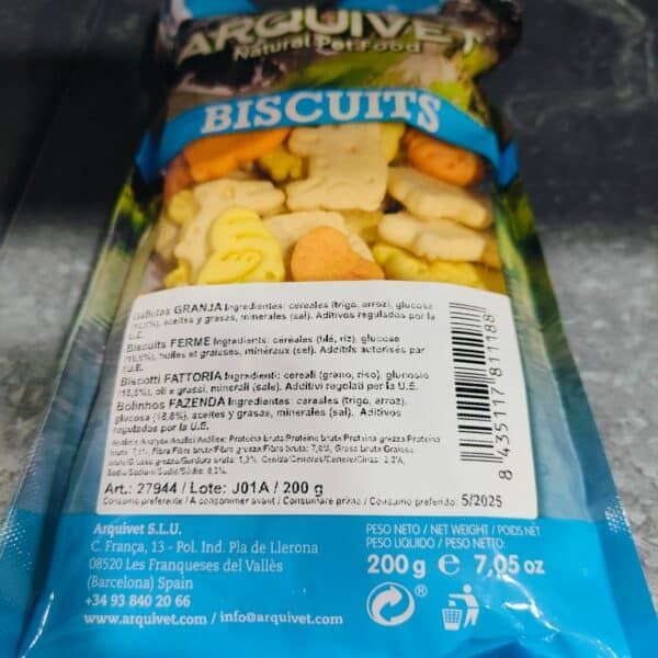 Alto texto: Galletas Biscuits Natural para mascotas en empaquetado de Arquevit S.L.