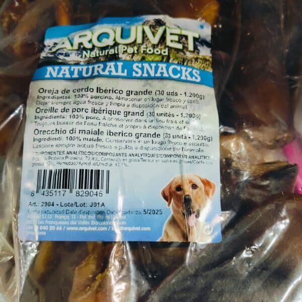 ArquiVet snacks naturales para perros grandes, orejas y orejillas de cerdo ibérico y cerdo ibérico.