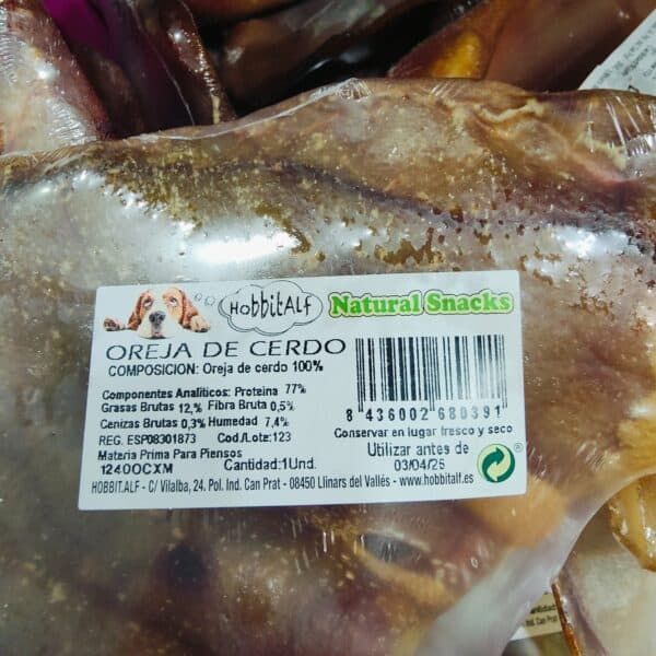 Oreja de cerdo natural, sin aditivos, ideal para mascotas, 100% carne de cerdo fresca y saludable.