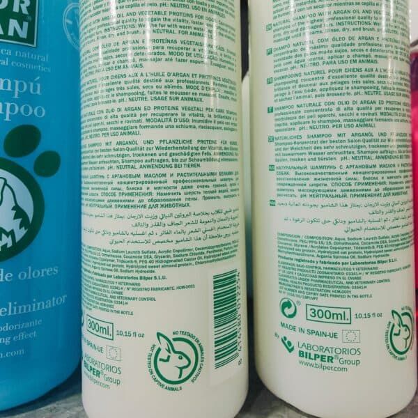 Botella de shampoo natural para perros y gatos, 300ml, cuidado animal, laboratorio Bilper.