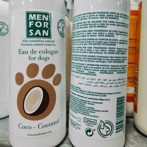 Eau de cologne para perros con fragancia coco, 125ml, natural y aprobada por veterinarios.