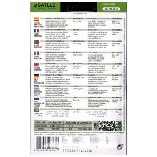 Guía de semillas de lechuga con instrucciones de cultivo y características en varios idiomas.