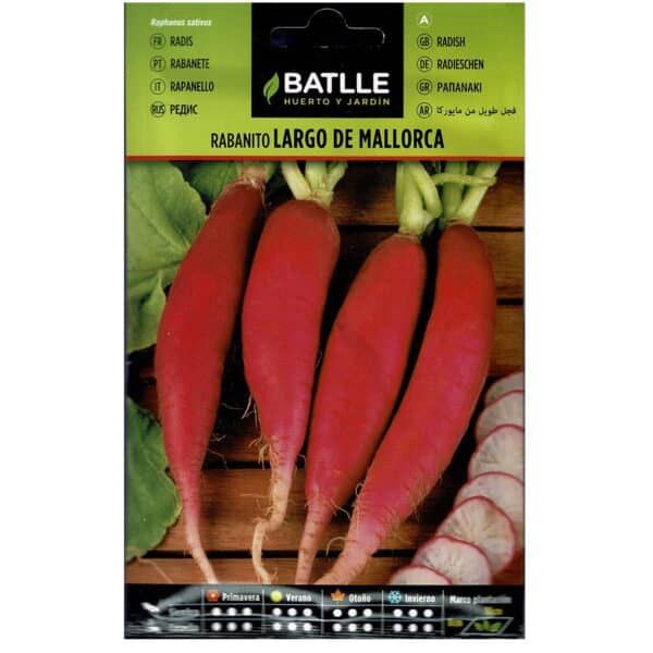Rábano largo de Mallorca semillas ecológicas para cultivo en huerto y jardín.