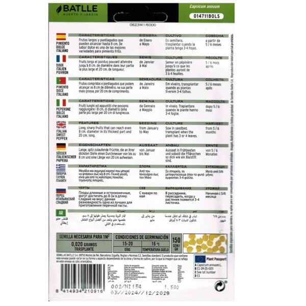 Tren de semillas de pimiento italiano y variedades de plantas de semillero para cultivo y jardinería en España, con información en varios idiomas.