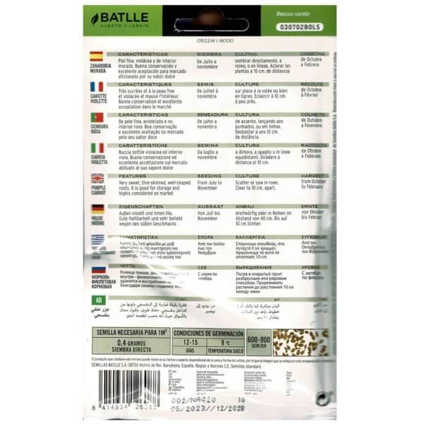 Semilla de zanahoria morada para cultivo en huerto o jardín, variedad de cosecha temprana, alto rendimiento y sabor dulce perfecto para ensaladas.