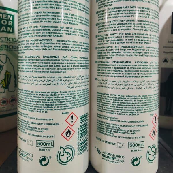 Insecticida para perros y gatos, repelente de insectos, cumple con normas de seguridad y protección animal. 500ml.