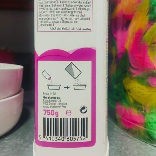 Polvo de maquillaje en paquete de 750g, instrucciones de uso y fabricante.