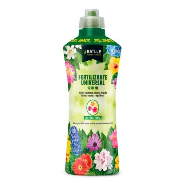 Fertilizante universal para plantas en botella de 1250 ml, fórmula equilibrada y enriquecida.