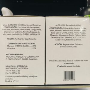 Hierba de Enebro (CADE) y Aloe Vera, ingredientes naturales con propiedades purificantes y calmantes en productos artesanales para mascotas.