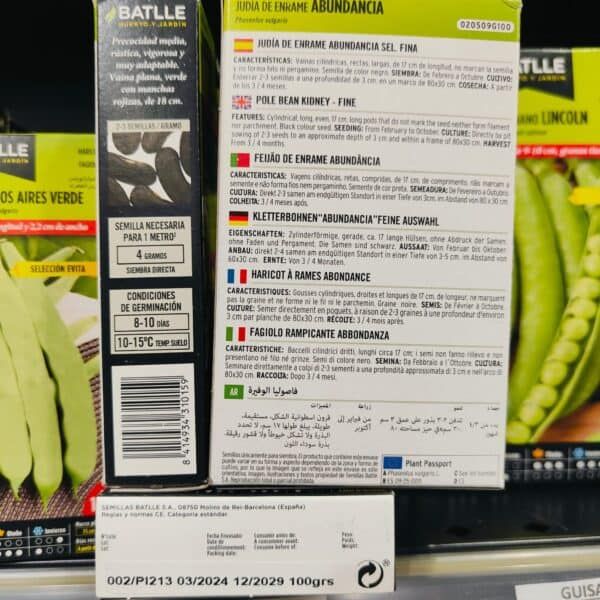 Semillas de judía de enrame abundancia, clase FIMA, tamaño mediano, rica en nutrientes, ideal para cultivo en jardinería y huertos.