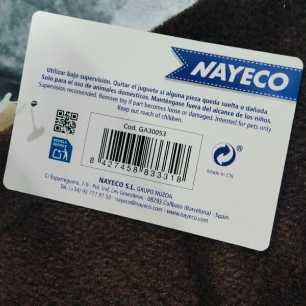 Juguete personalizado para niños y mascotas, con código de barras y instrucciones de seguridad.