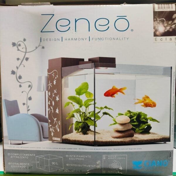 Zeneo: estanque de peces de acuario minimalista con plantas y decoración, fácil de usar y totalmente equipado para un ambiente acuático armonioso.