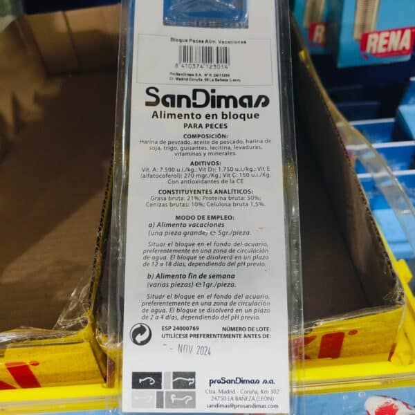 SanDimas alimento en bloque para peces, ingredientes y modo de empleo, envasado para acuarios, decoración acuática, tienda de mascotas, productos para acuarios, tienda online.