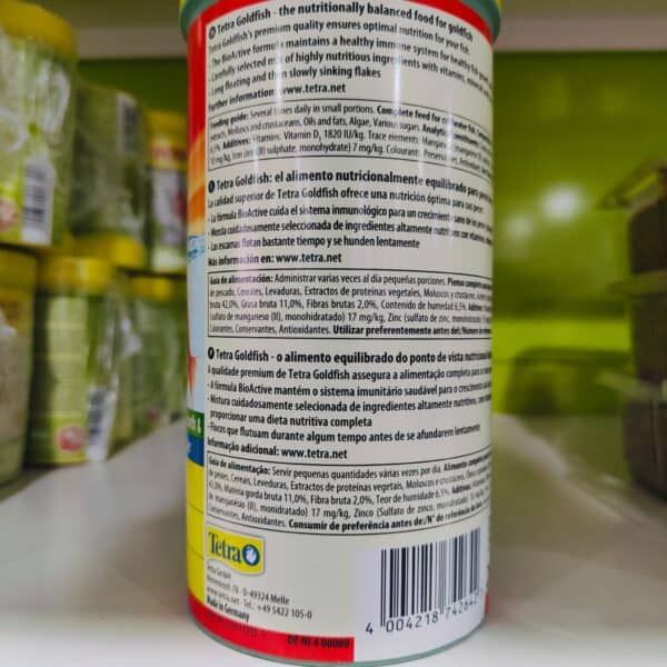 Tetra Goldfish alimento para peces, enriquecido y equilibrado, fácil de digerir, con ingredientes seleccionados.