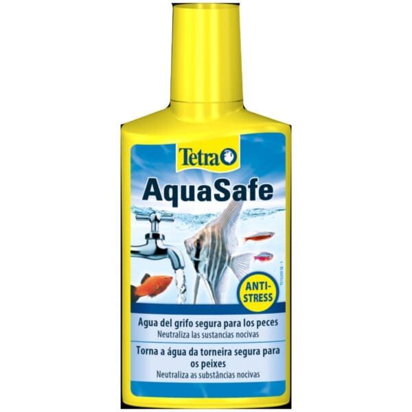 Protector de agua para peces Tetra AquaSafe, botella amarilla, acuarios, higiene, cuidado.