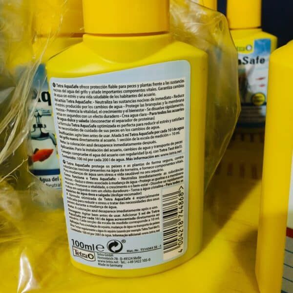 Protector agua acuarios Tetra AquaSafe para peces, envase de 100 ml, fórmula segura y efectiva para acuarios.
