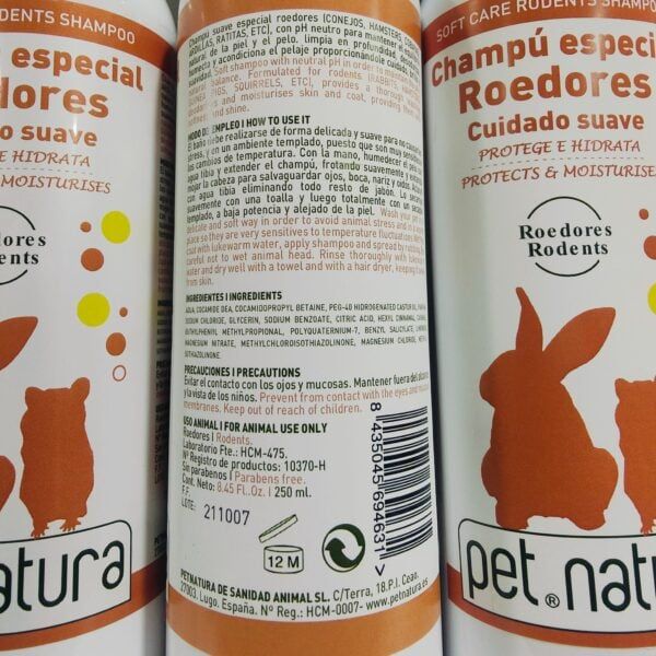 Cuidado suave para roedores en envase de 250 ml, protección e hidratación para mascotas pequeños.