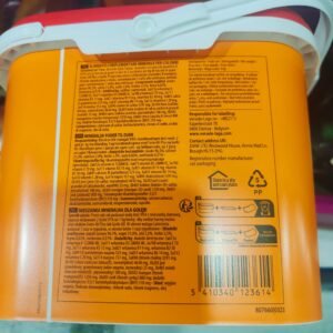Alto en minerales y vitaminas, envase de minerales para mascotas con instrucciones de uso y etiquetado completo.