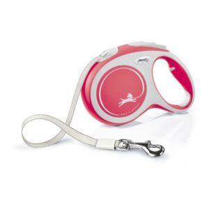 Correa para perro con cinturón retráctil en rosa y blanco, ideal para pasear con mascotas.