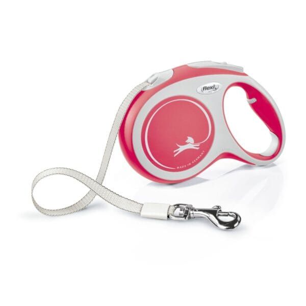 Correa para perro con cinturón retráctil en rosa y blanco, ideal para pasear con mascotas.