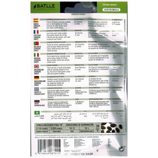 Semillas de cebada en paquete para siembra, cultivo y trasplante, con instrucciones y características en diversos idiomas.