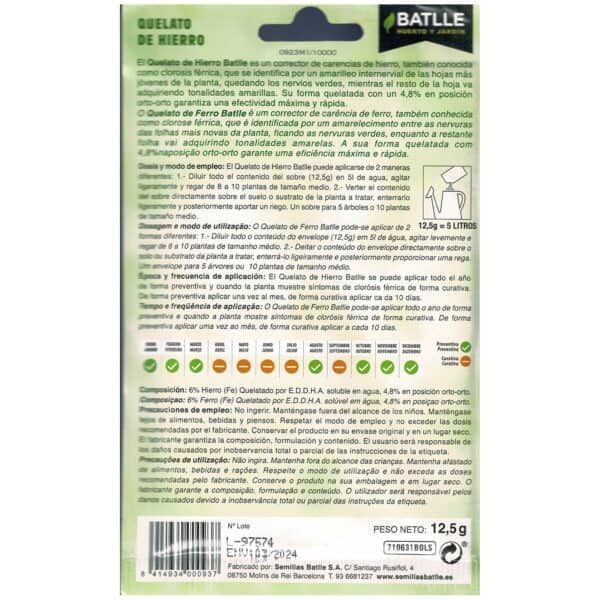Hierro en gelatina para plantas, útil en fertilización y cuidado de cultivos. Producto en sobres de 12,5 g para agua, con instrucciones precisas de uso.