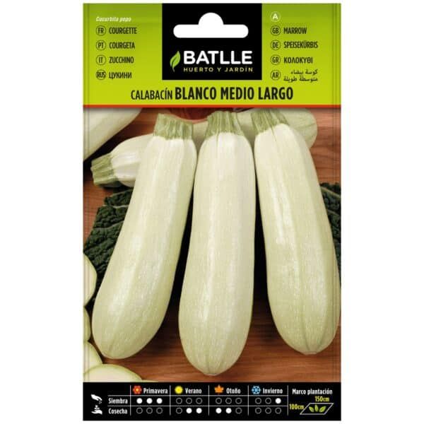 Zucchini blanca de tamaño medio para huerto y jardín. Pack de semillas para cultivo en primavera y verano. Recomendado para plantación en huerto casero.