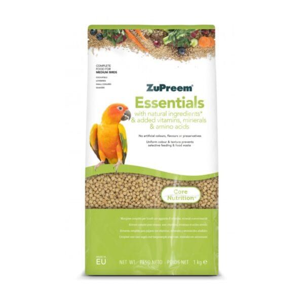 Alimento para aves en bolsa de 1 kg con ingredientes naturales, vitaminas y minerales.