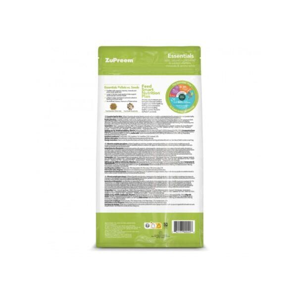 Alimento para animales Zupreem en paquete verde con infografía y texto.