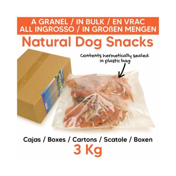 Carne de perro natural en paquete hermético de 3 kg, venta al por mayor en cajas y cartones.