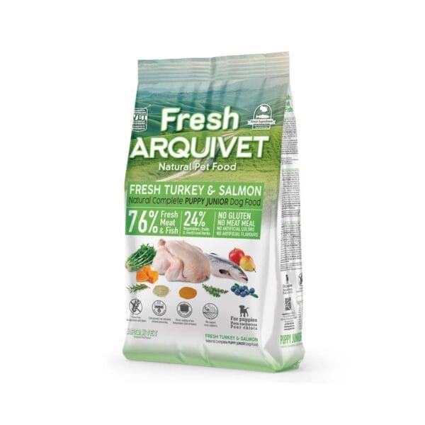 Fresh Arguvet pienso natural para cachorros de pavo y salmón con 76% carne fresca y sin gluten.