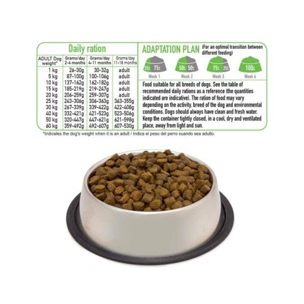 Alimento para perros en comedero con tabla de raciones diarias y plan de adaptación de alimentación.