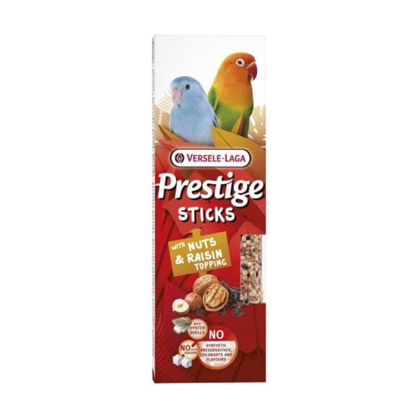 Barritas para aves Prestige con nueces y pasas, alimentación para mascotas, variedad saludable para aves.