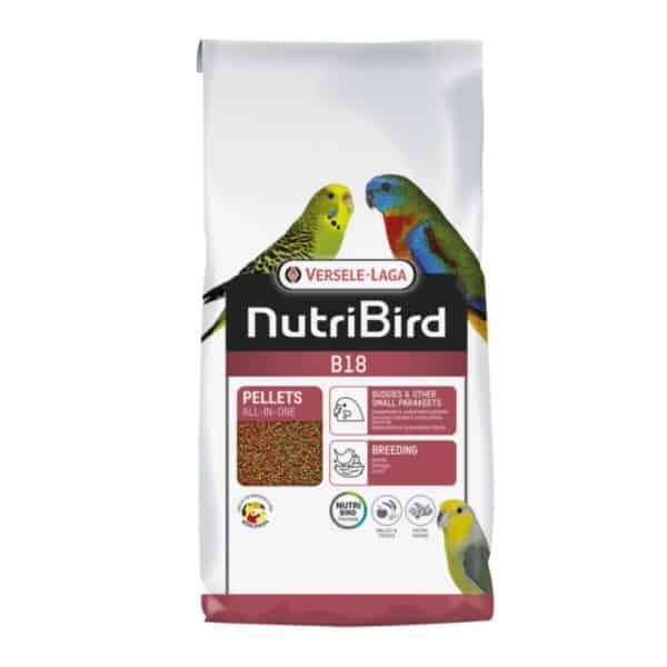 Pellets para aves NutriBird B18 de Versele-Laga, alimentación integral para loros y pequeños parroquianos.