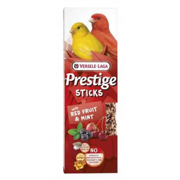 Bocadillo para aves Prestige Sticks con fruta roja y menta, sin conservantes, para alimentación de aves silvestres.