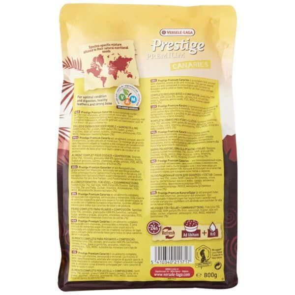 Alimento para aves canarias Prestige Premium, 800g, con vitaminas y minerales esenciales.