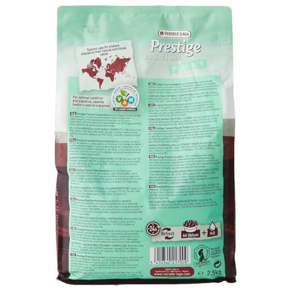 Alimento para aves Prestige Premium Budgies 2,5kg, alimentación completa y nutritiva para loritos.